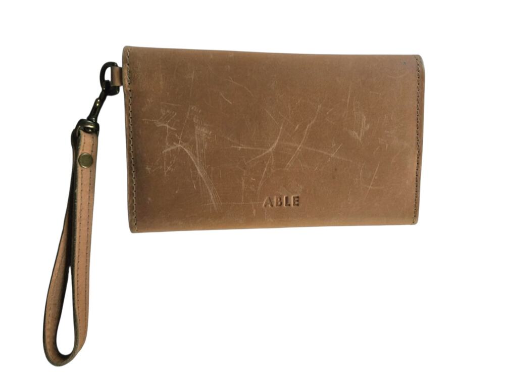 ABLE genuine leather camel color soft wristlet clutch wallet